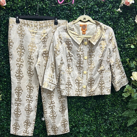Tory Burch Beige and Gold Brocade Jacket and Pants Set - Picture 1 of 1